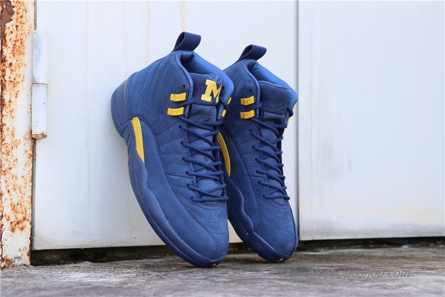 Férfi Air Jordan 12 Retro Michigan Suede AJ12 Sötétkék/Sárga Cipők (BQ3180-407)